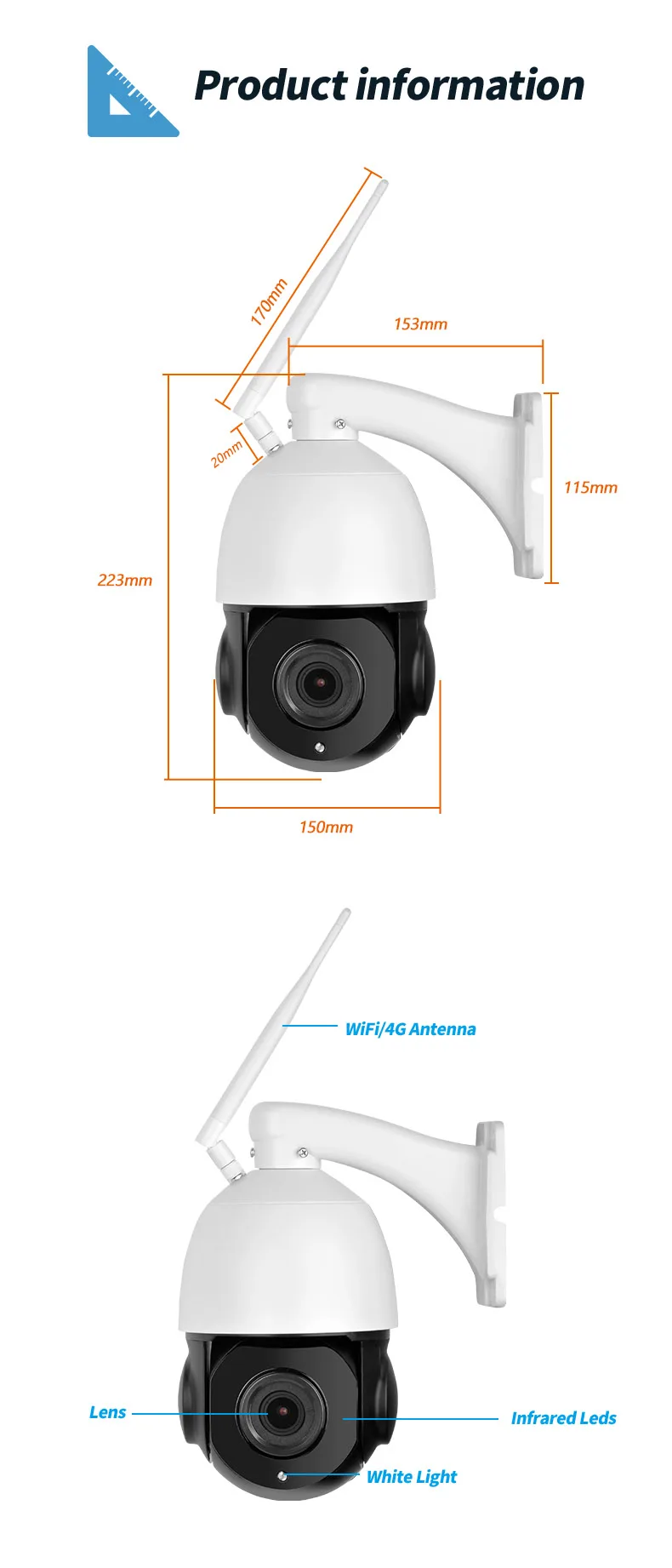 5MP Outdoor PTZ Wireless IP Camera 5X Zoom Wifi Auto Tracking of Human CCTV Camera