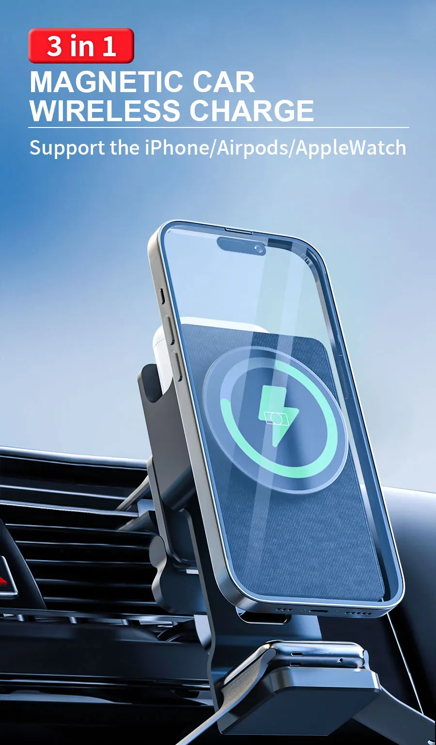 Newest Design 3 In 1 Car Wireless Charger Phone Holder Amazon Hot Sale