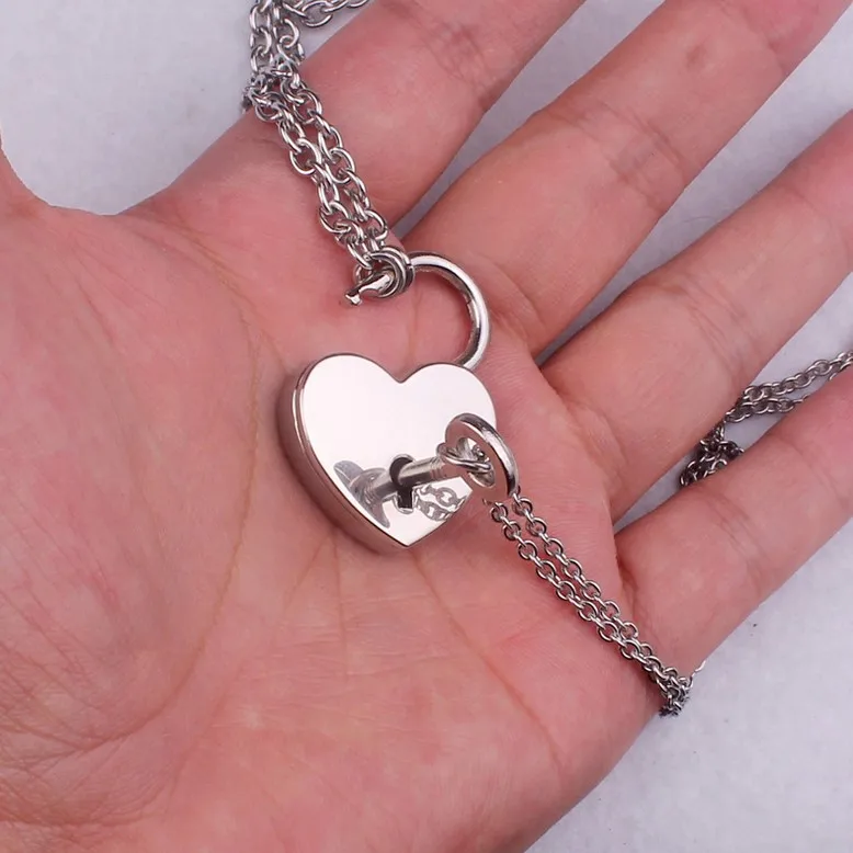 Stainless Steel Heart Lock And Key Chain Necklace Padlock Necklace