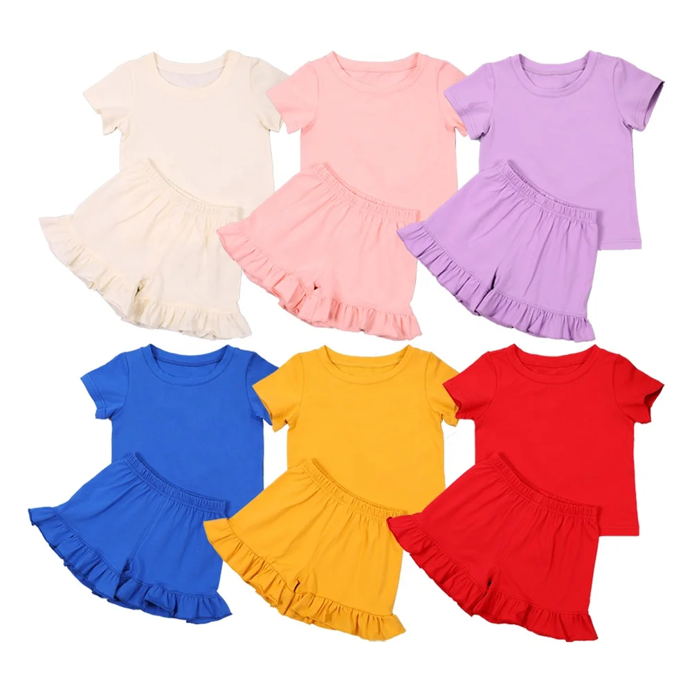 Toddler Girls Solid Outfits Baby Cotton Ruffle Shorts Set Little Kids