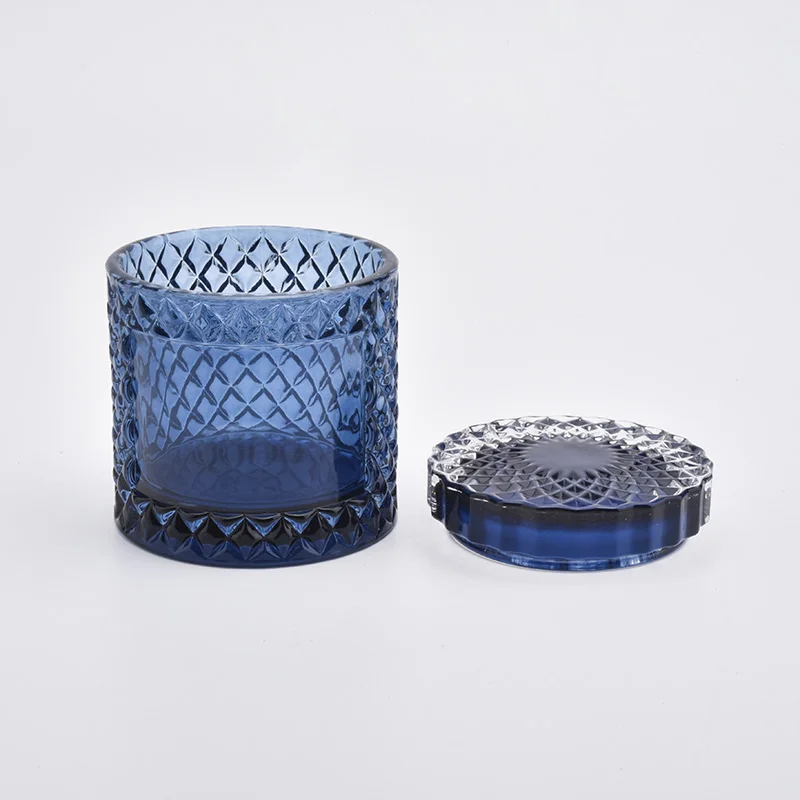 9oz Dark Blue Empty Glass Candle Vessels with Glass Lids Home Decor Wholesales