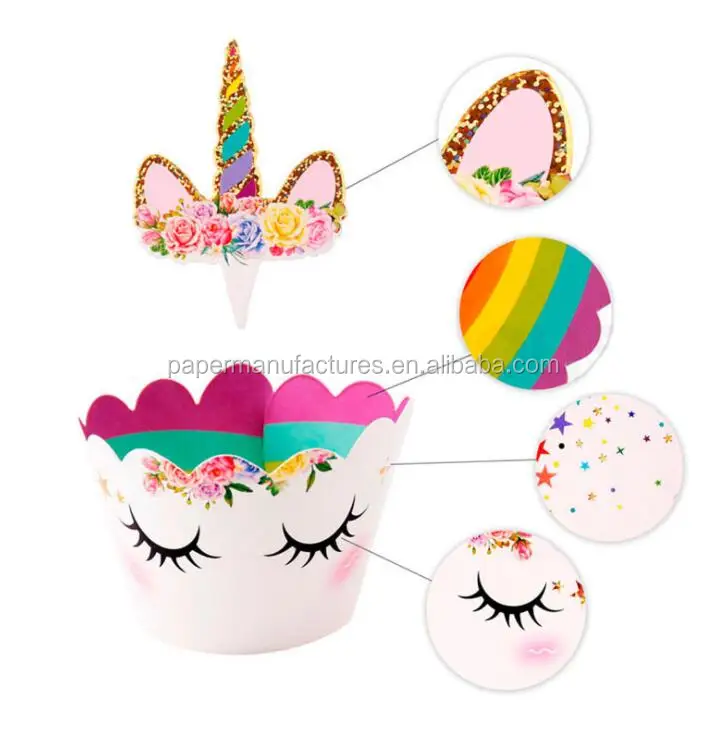 48pcs unicorn cupcake wrappers toppers dino cupcake topper cake party