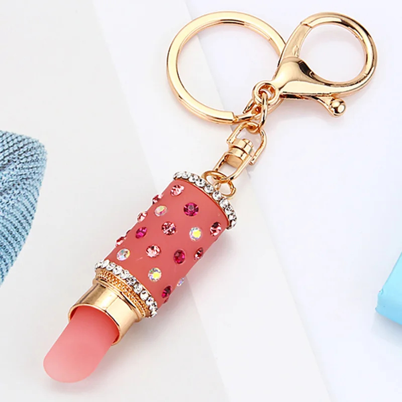 Crystal Cute Lipstick Makeup Keyring Rhinestone Charm Pendant Keychain