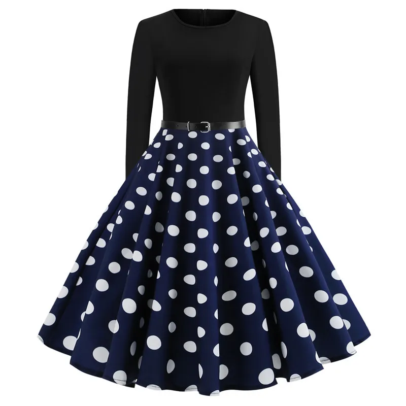 Long Sleeve Printed Polka Dot Dress Women Hot Sale Dress O Neck Fashion  Dress