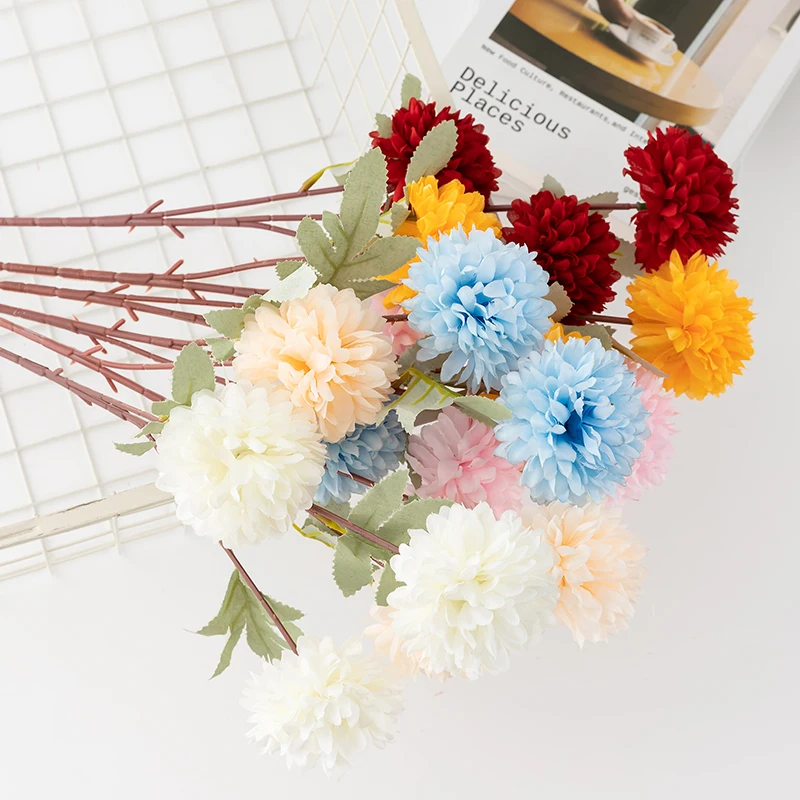 Artificial Flower 3 Head Ball Chrysanthemum Premium Silk Cloth Wedding