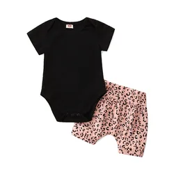 Newborn Baby Girls 2pcs Clothing Set short sleeve solid romper + leopard printed shorts outfits Clothes set for kids