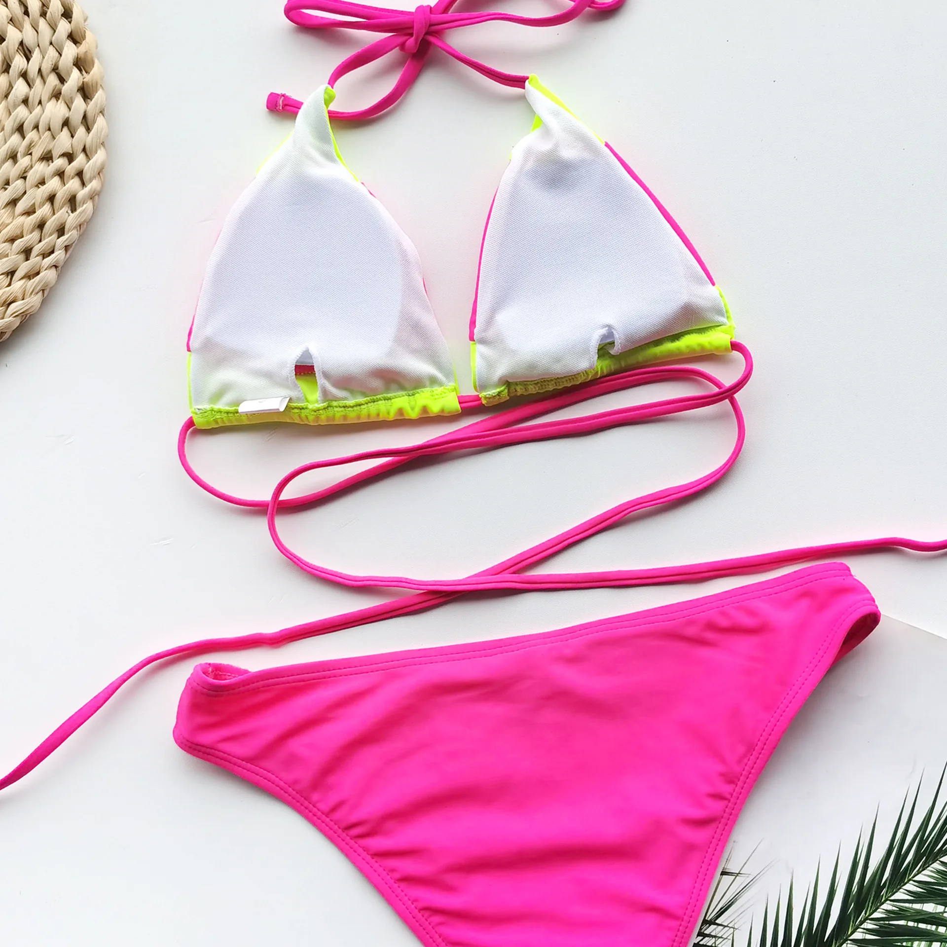 2020新款沙滩性感比基尼拼接系带泳装撞色女士分体泳装女童泳装