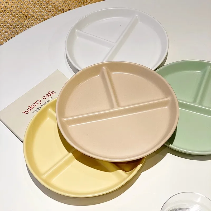 Round Ceramic Compartment Plate 3 Compartments Divided Plate Dinnerware