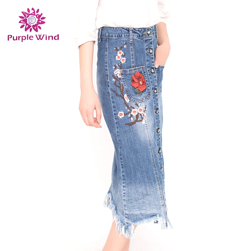 Customize Designs Cotton Girls Embroidery Wash Denim Long Jean Womens Skirts