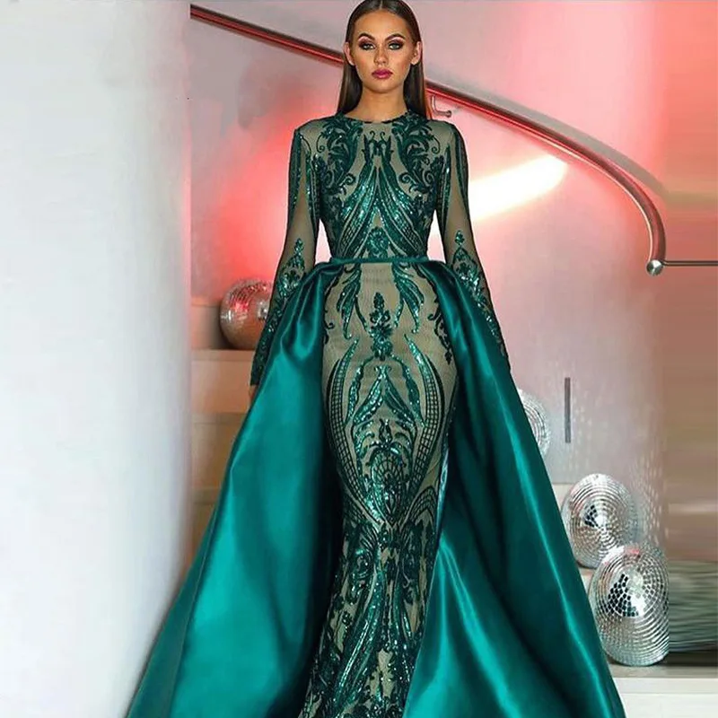 two piece long sleeve mermaid dress Sexy Beadings Black Two Piece Evening Dress Long Sleeve Mermaid High Neck