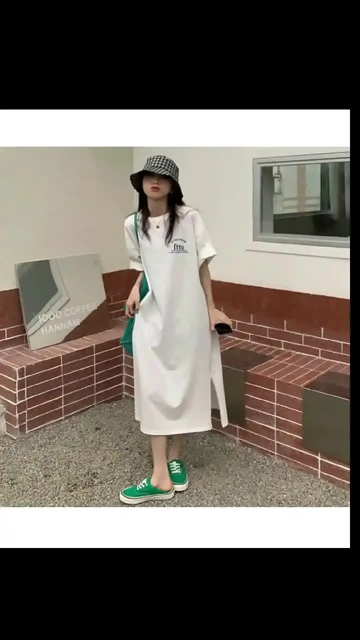 Wholesale Summer Korean Fashion Casual Long Loose Dress Women Oversized  Cotton Maxi Split T Shirt Dress Women