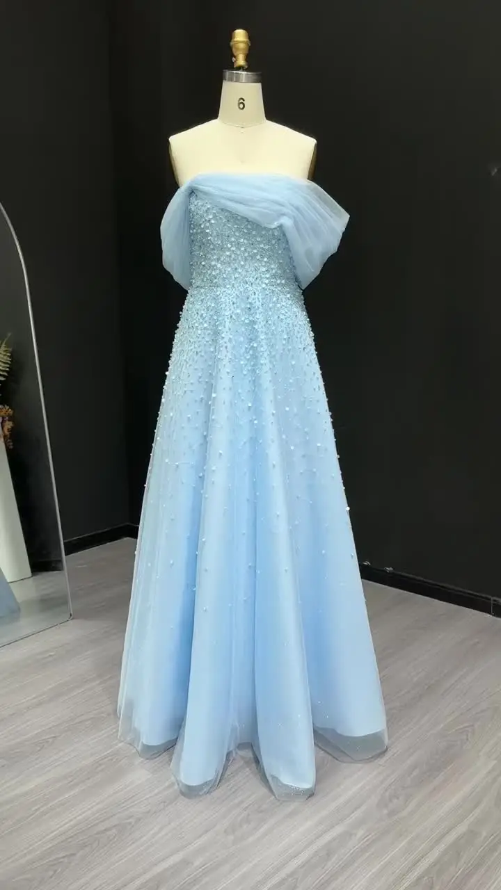 Light Blue Elegant Off Shoulder Evening Dress Luxury Beaded Arabic Women Wedding Party Gowns Lsz510 Light Blue Elegant Off Shoulder Evening Dress Luxury Beaded Arabic Women Wedding Party Gowns Lsz510