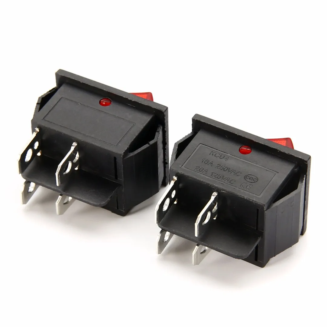 2 Position Red Light Rocker Switch 16A/250V KCD4-20 4 Pin ON/OFF Toggle Switches 35 x 25.5 x 10mm