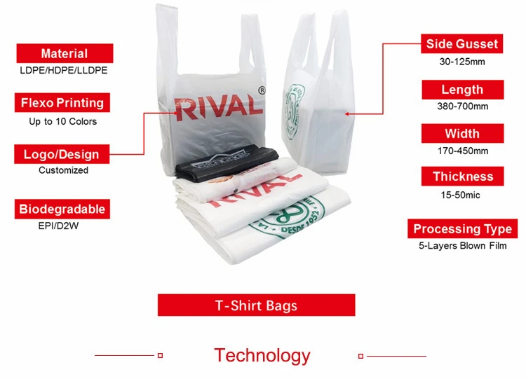 Disposable plastic HDPE/LDPE t-shirt shopping polythene bag/supermaket grocery retail sack