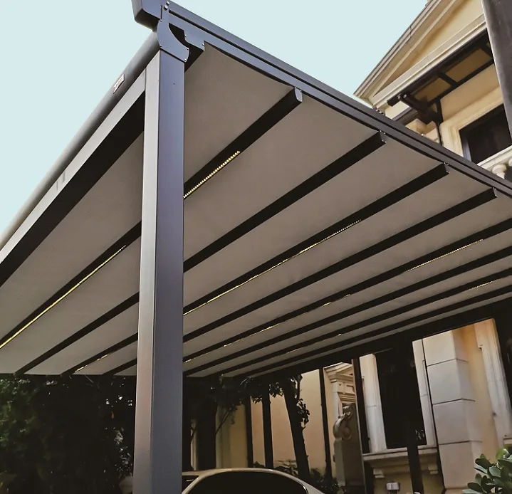 Открывающийся навес. Сдвижной навес. Раздвижные козырьки на пульте. Metal Pergola with Retractable Roof.