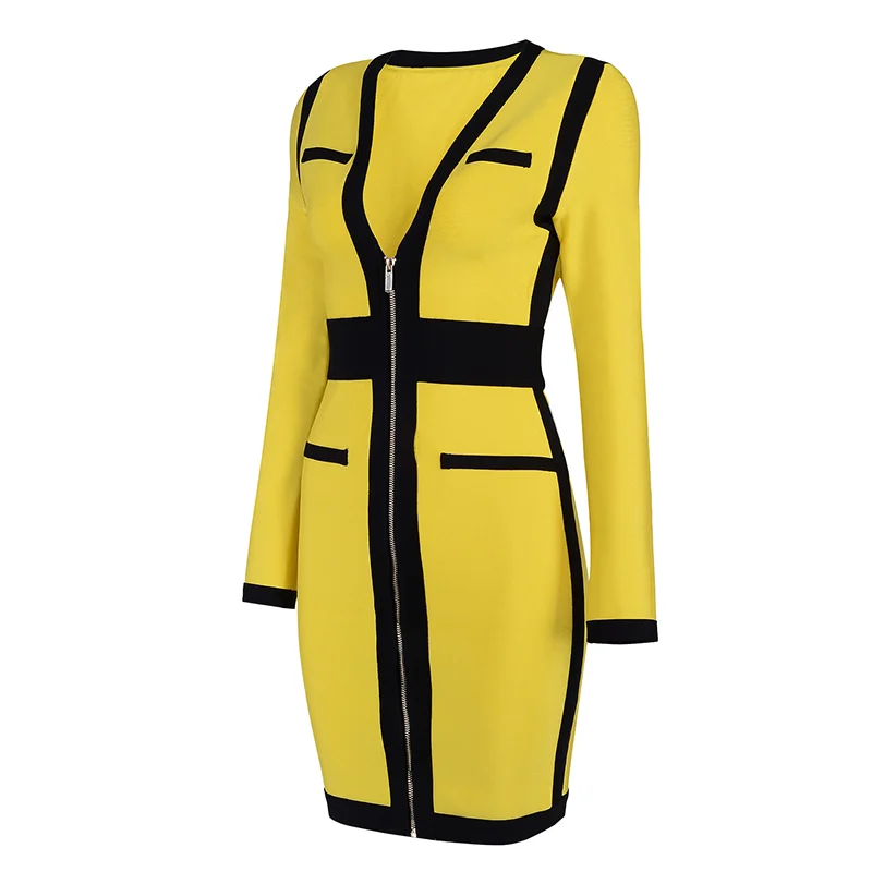 Yellow Long Sleeve V-Neck Rayon Spandex Bandage Dress Mini Patchwork Bodycon Dresses