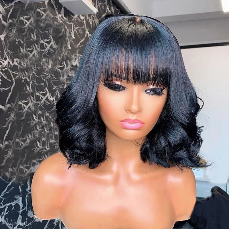 Cuticle Lace Front Bob Human Hair Wigs With Bangs Pre Plucked Brazilian Virgin Hair Wavy Wig 4x4 2493