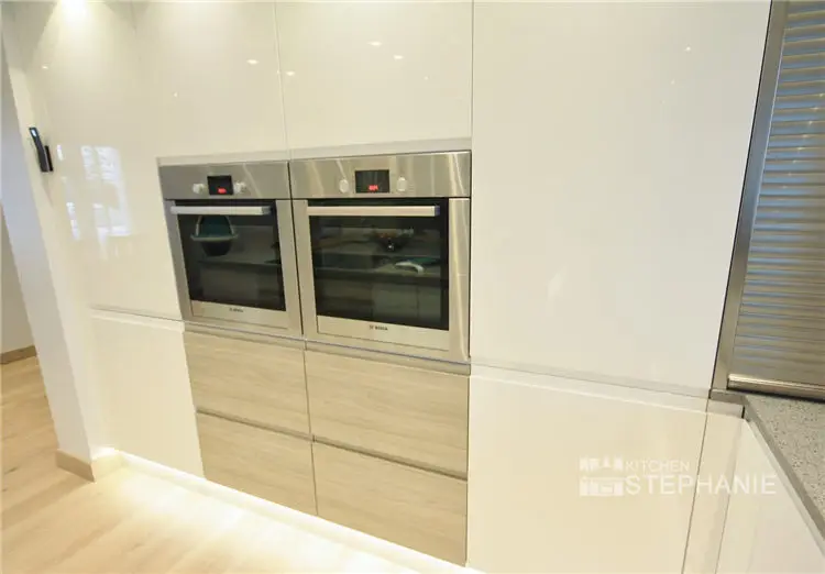 luxury acrylic kitchen cabinet door with island, white plywood simple kitchen cabinet designs for villa