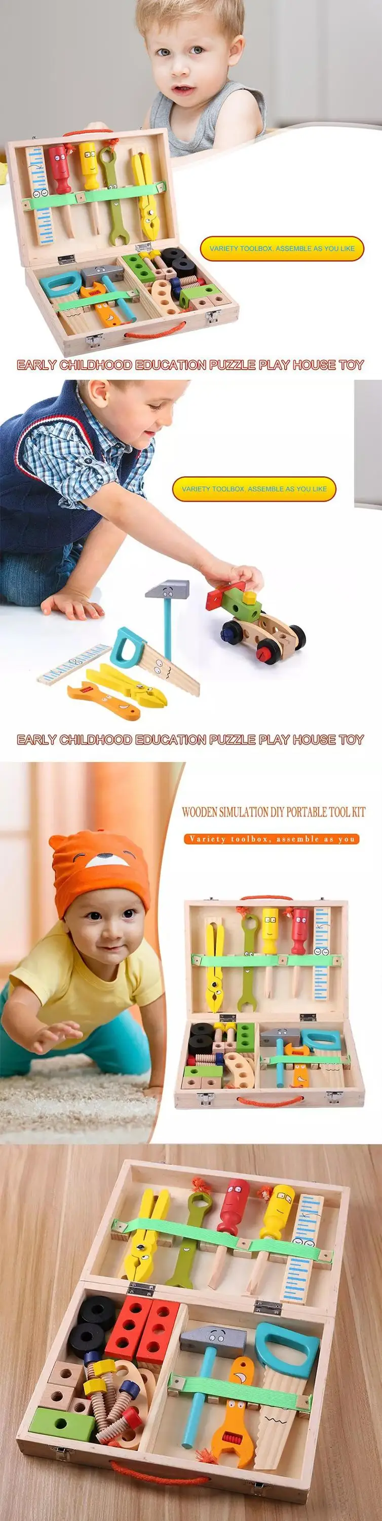Portable Repair Tool Box Cartoon boy Educational Toys for Boy Puzzle Toy Kids Baby Wood Repair Set Tool Multifunctional Toys
