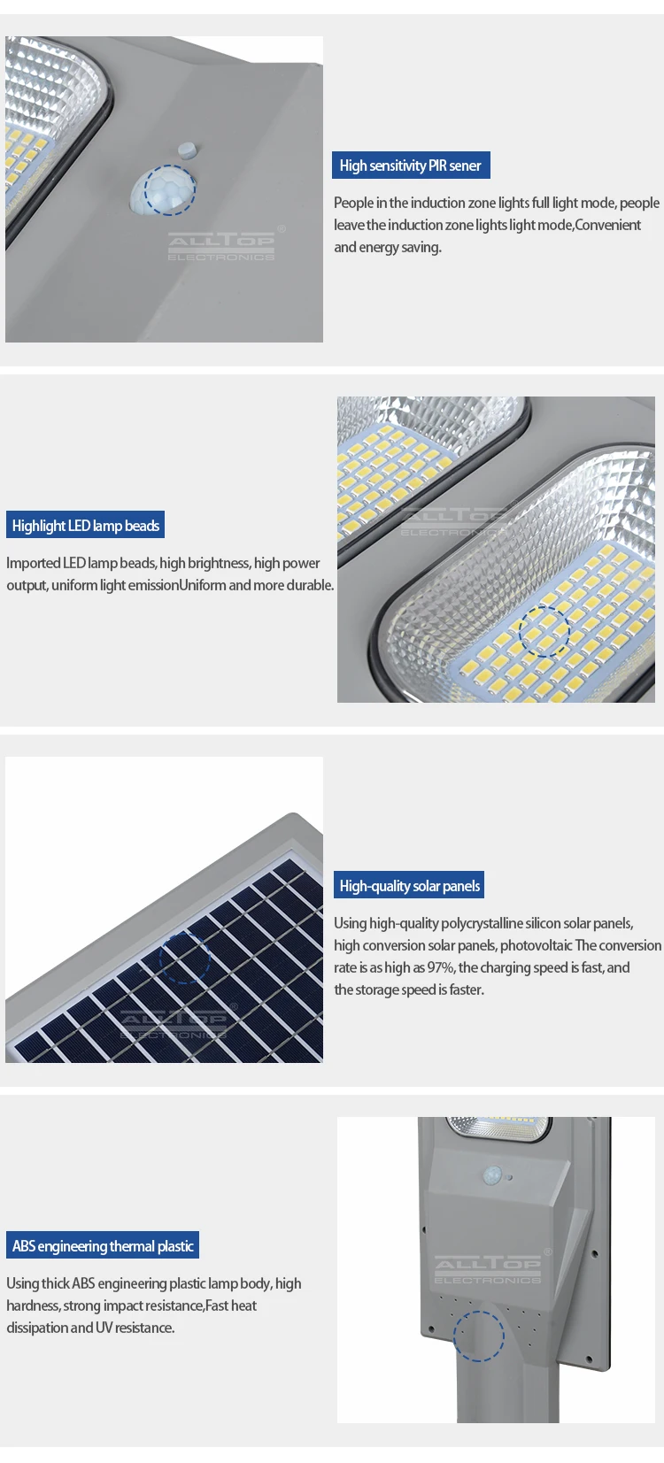 ALLTOP High quality aluminum alloy motion sensor SMD 30 60 90 120 150 watt all in one solar led streetlight