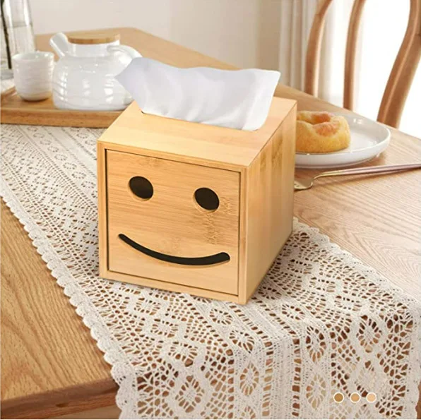 100 Bamboo Smiley Face Tissue Box Paper Roll Paper Storage Wooden Box