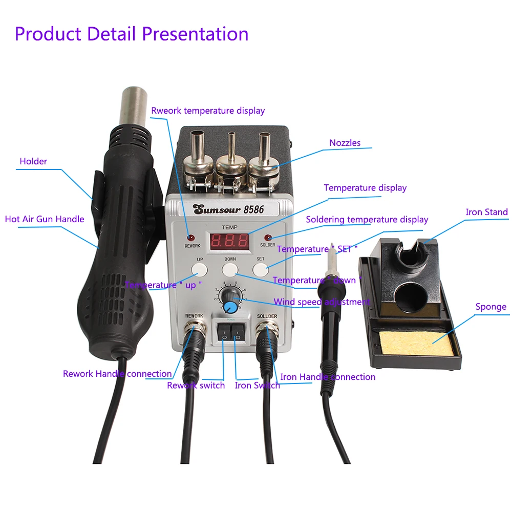 Details about   Solder Station 8586 2-in-1 Electric Soldering Irons Hot Air Heat Gun 760w Rework