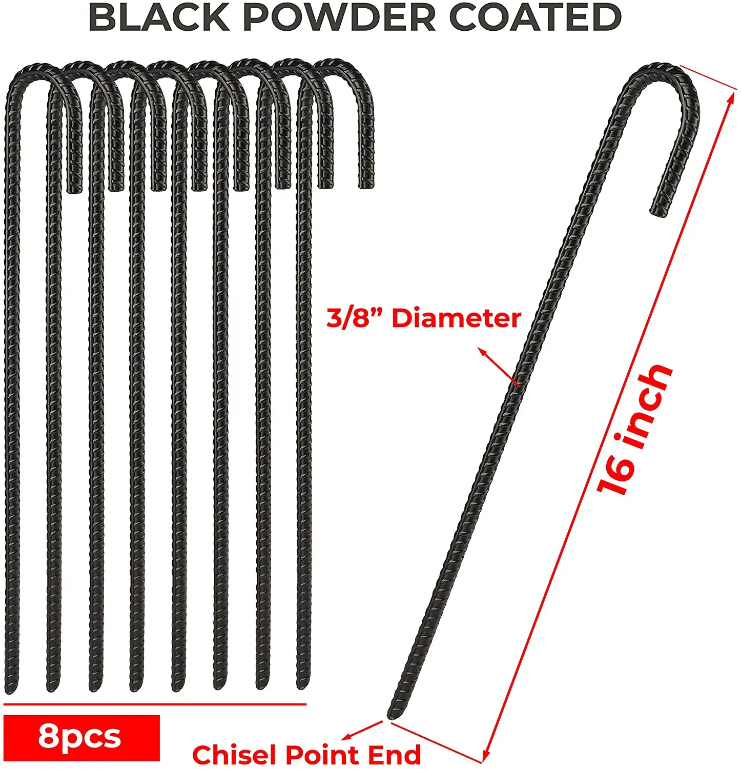 12''x3/8'' 8pk Black Power Coated Rebar Stakes J Hook Steel Ground ...