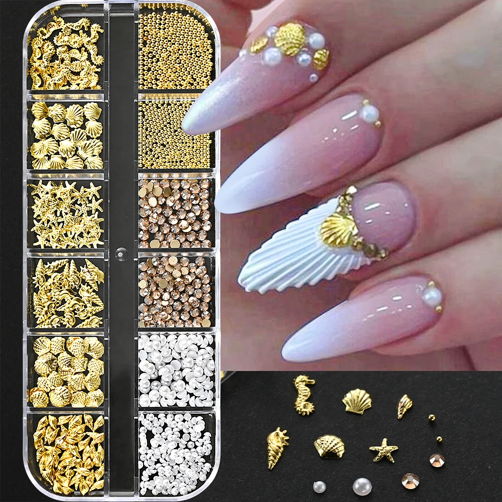 12Grids 3D Ocean Starfish Shell Alloy Nail Studs Sea Shell Star Metal ...