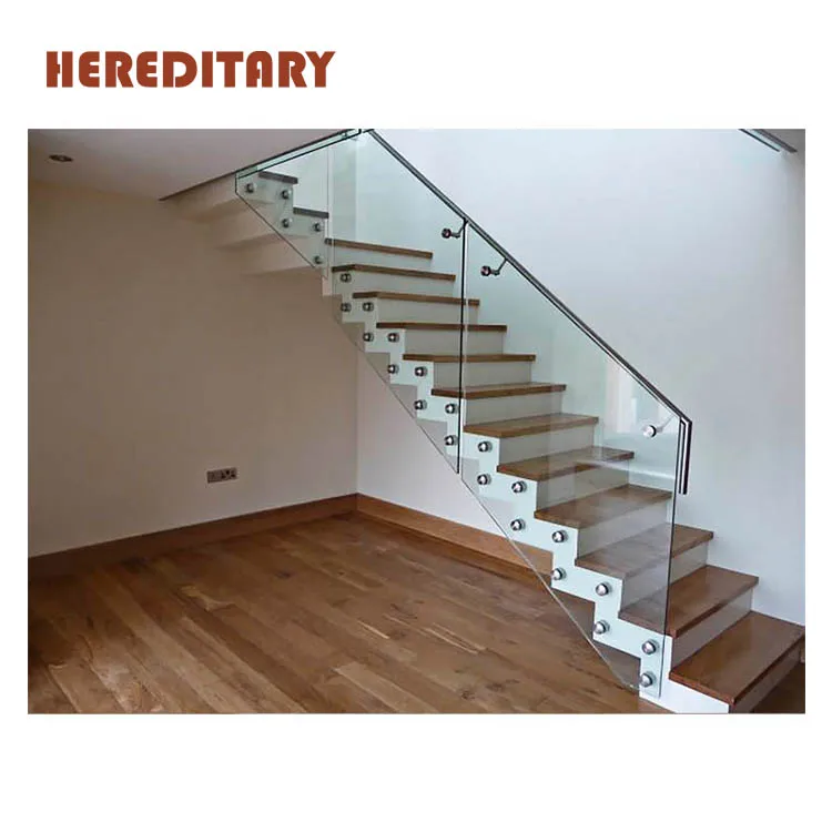 Interior Cherry Solid Wood Treads Stairs With Tempered Glass Panel