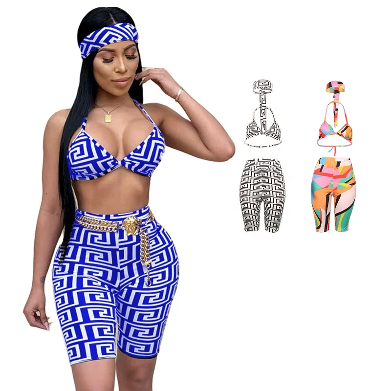 

Wholesales womens swimwear three-piece sets printed headscarf underwear Beachwear
