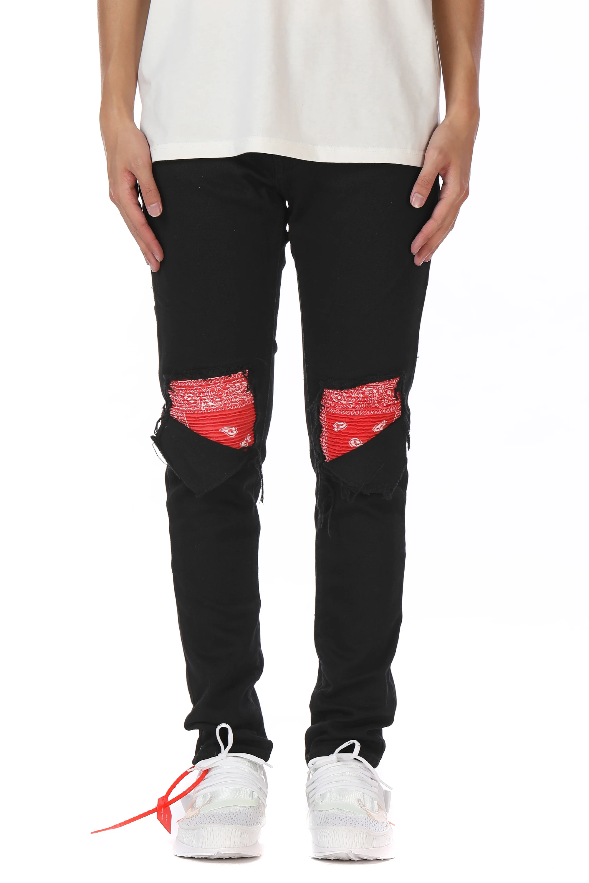 Mens Destroyed Red Bandana Patch Black 
