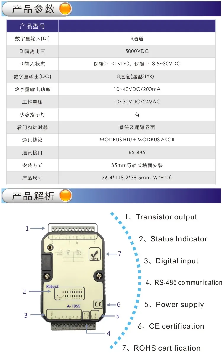 Digital I/O Module with 8DI 8DO Modbus RTU (A-1055)