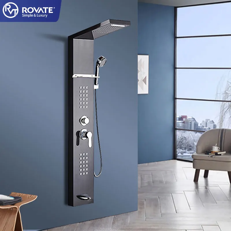 Rovate Shower Panel Stainless Steel Wall Mounted Black Shower Column