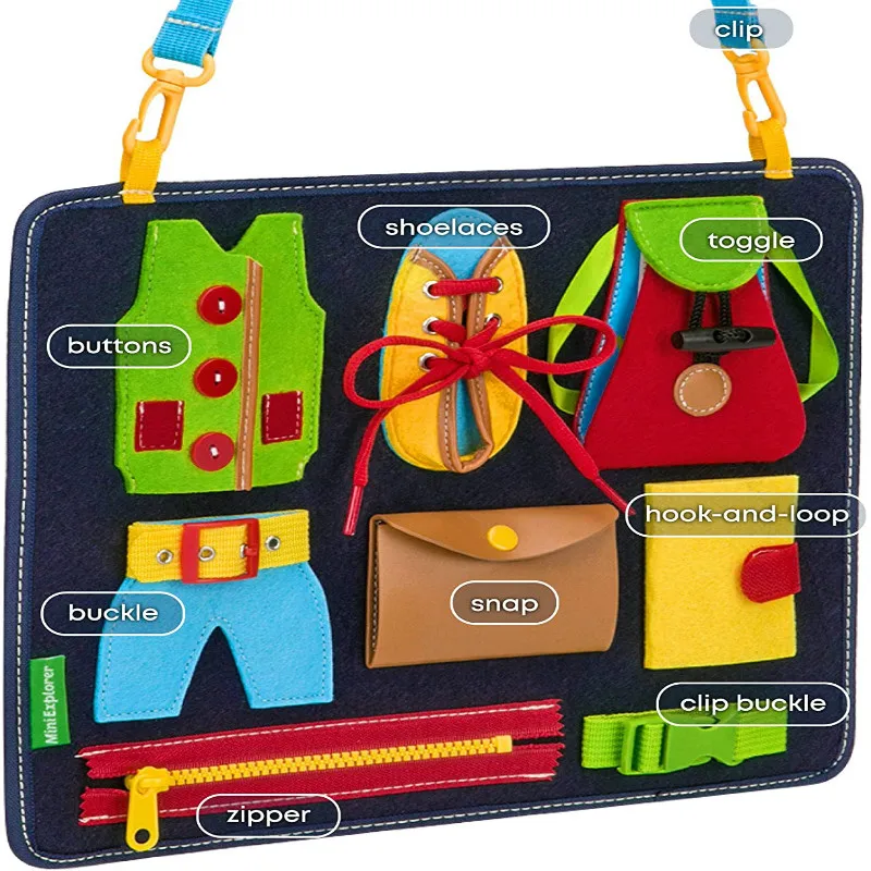 
Toddlers Montessori Toys Felt Kids Busy Board Learn to Dress Basic Skills 