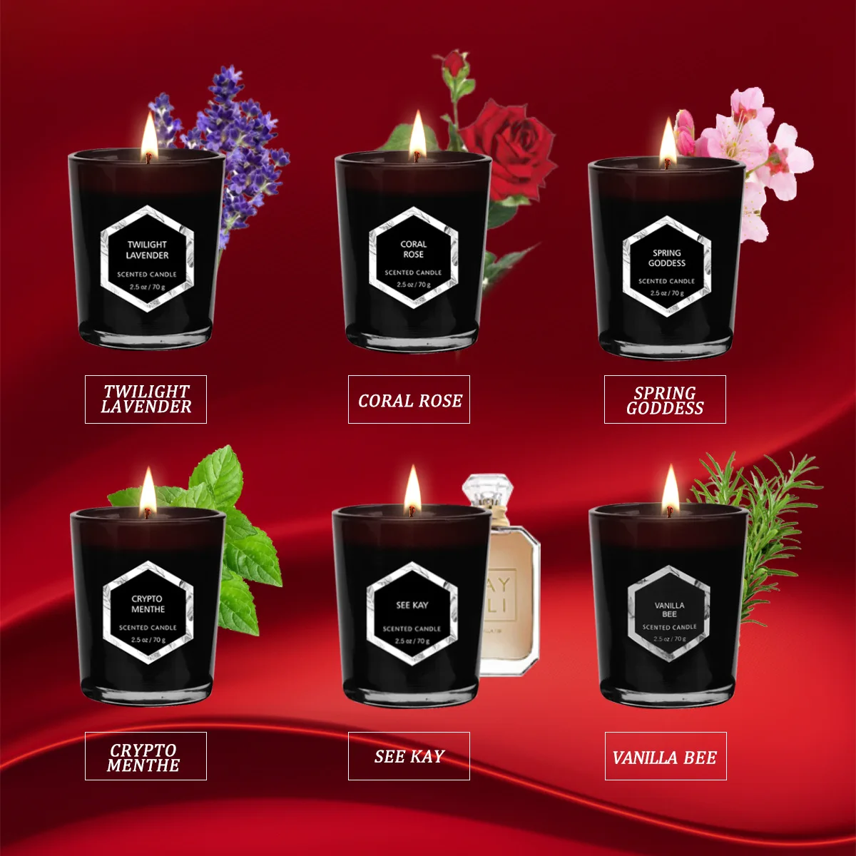 6 Pack Black Glass Red Flame Luxury Scented Soy Wax Candles Gift Set for Women Birthday Anniversary or Valentine's Day