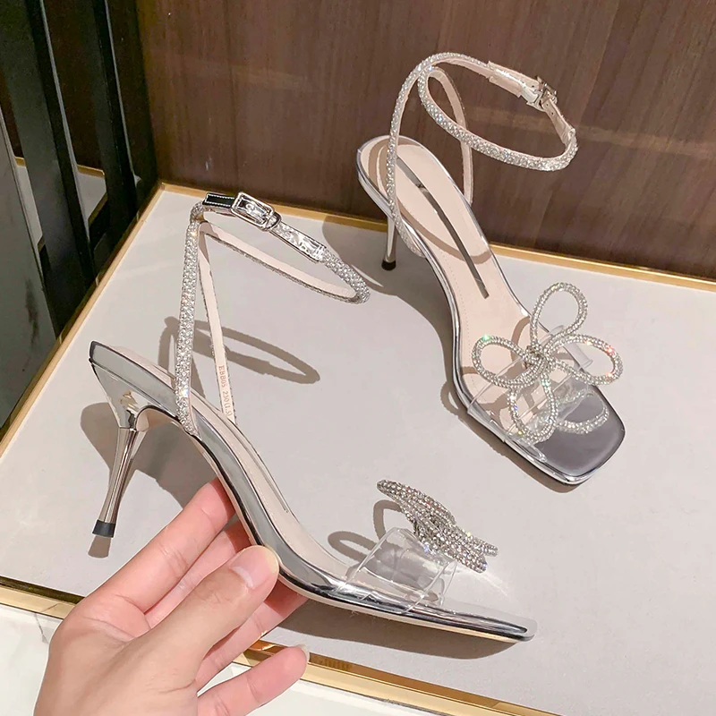 Women Shiny Bow Diamond Fashion Thin High-heeled Sandals Sexy Silver ...