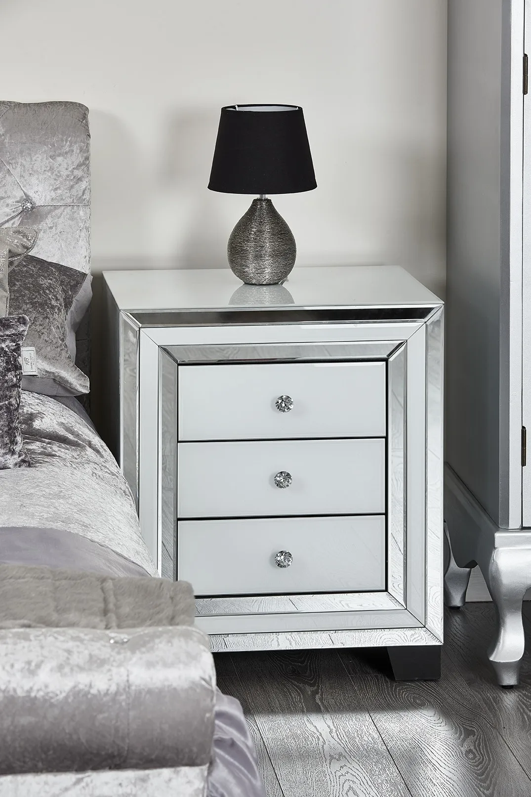 white glass bedside drawers