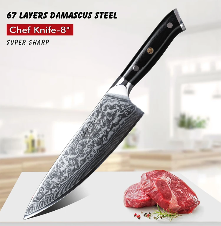 chef knife vg10 damascus Combining precision blade making and Japanese knowledge of folded steel and modern technology, San Knives Professional Chef Knives are crafted as precision functional art to be admired and used every day. Each knife is a symbol of creativity, craftsmanship and technology. 