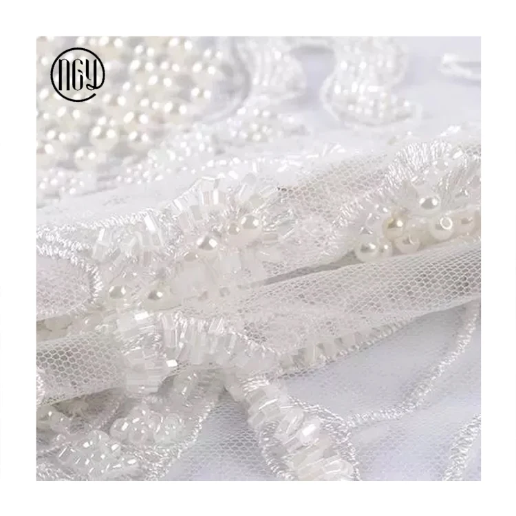 Oem Fashion Hand 3 D Heavy Beaded White France Lace Fabric For