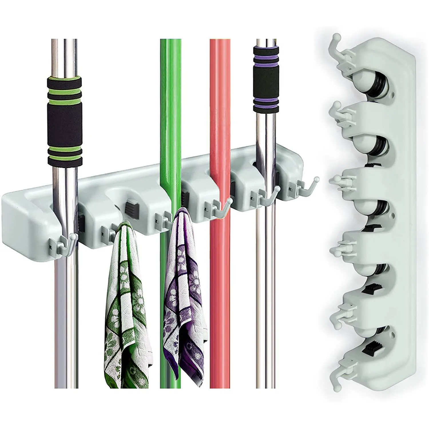 Black Mop And Broom Holder 6 Hooks 5 Auto Adjust Slots Easy Install