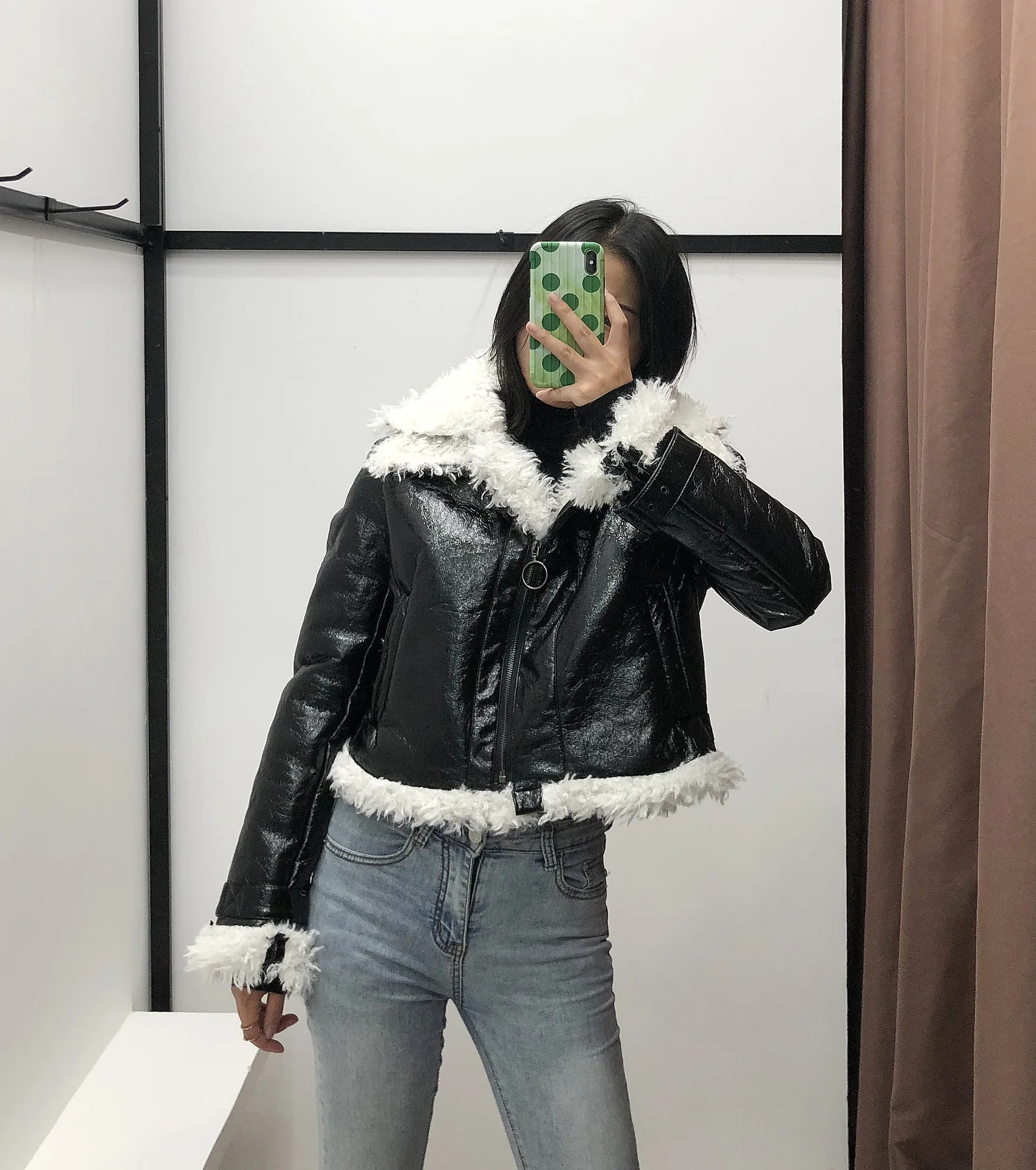 Fall Winter Black Biker Leather Jacket Coat White Faux Fur Fashion