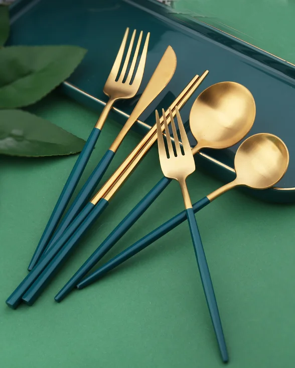 Wholesale Classic Design Flatware Set Jade Green Handle With Titanium