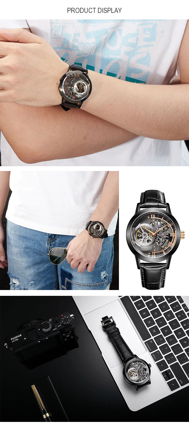 OBLVLO Casual Watches Men Skeleton Dial Calfskin Leather Band Rose Gold Watches Automatic Watches for Men Montre Homme VM 1