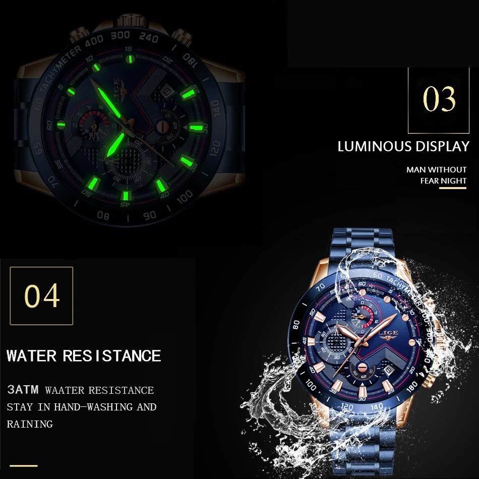 Lige 9982 Men Quartz Watches Analog Luminous Waterproof Stainless Steel