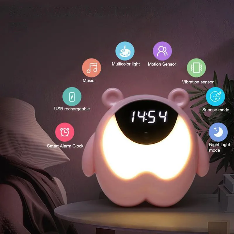 Cute Bear Bedside Alarm Clock Night Light RGB Wake Up Lights Motion Sensor Music Lamp For Kids Gifts Baby Children Bedroom Decor