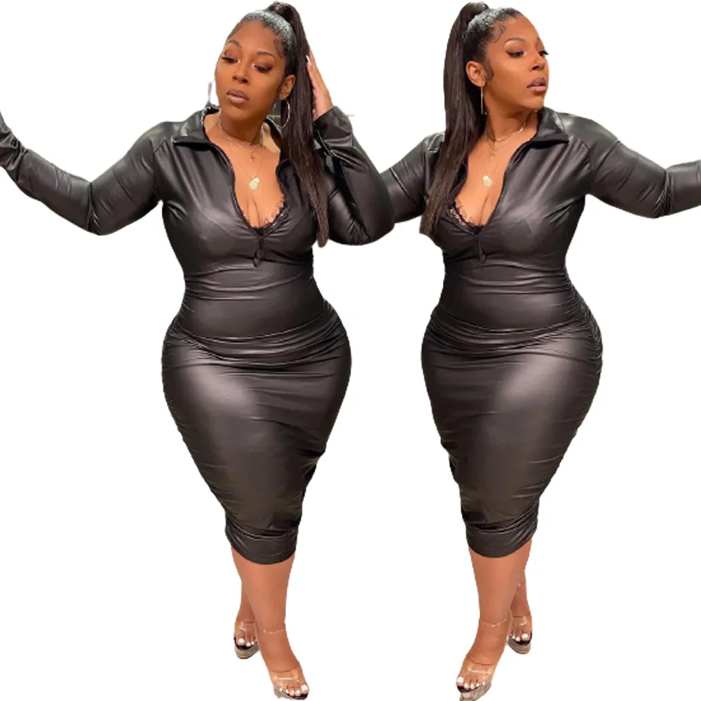 Fashion plus size black leather dress