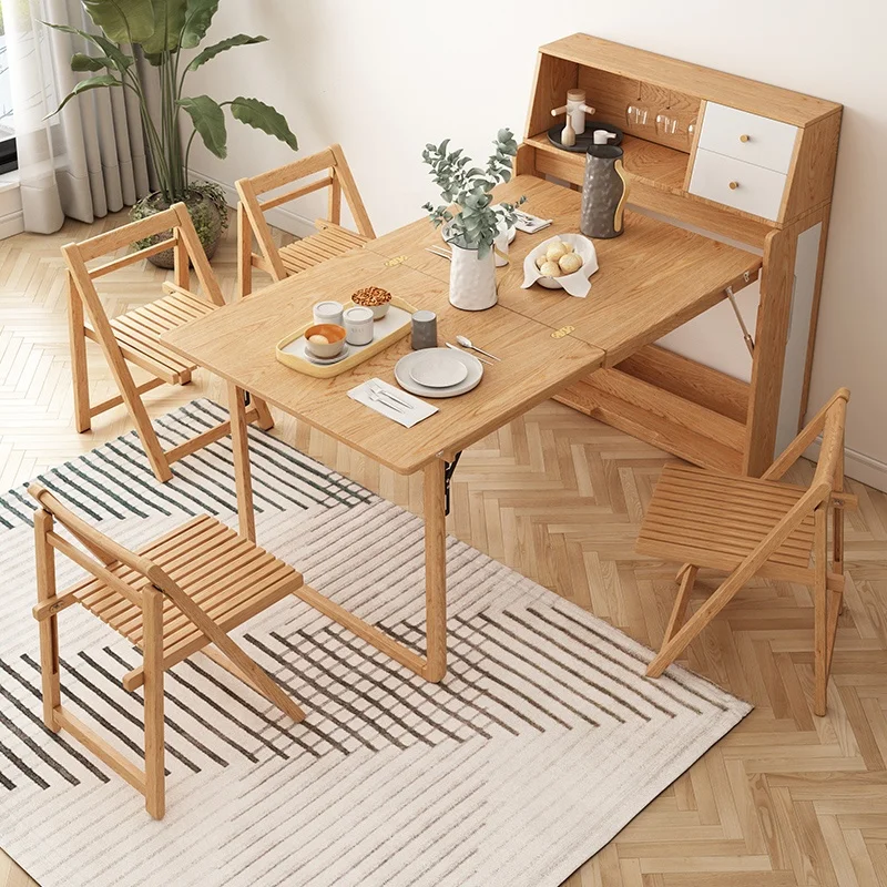 Modern Folding Wood Dining Table with Chair Storage & Wine Rack