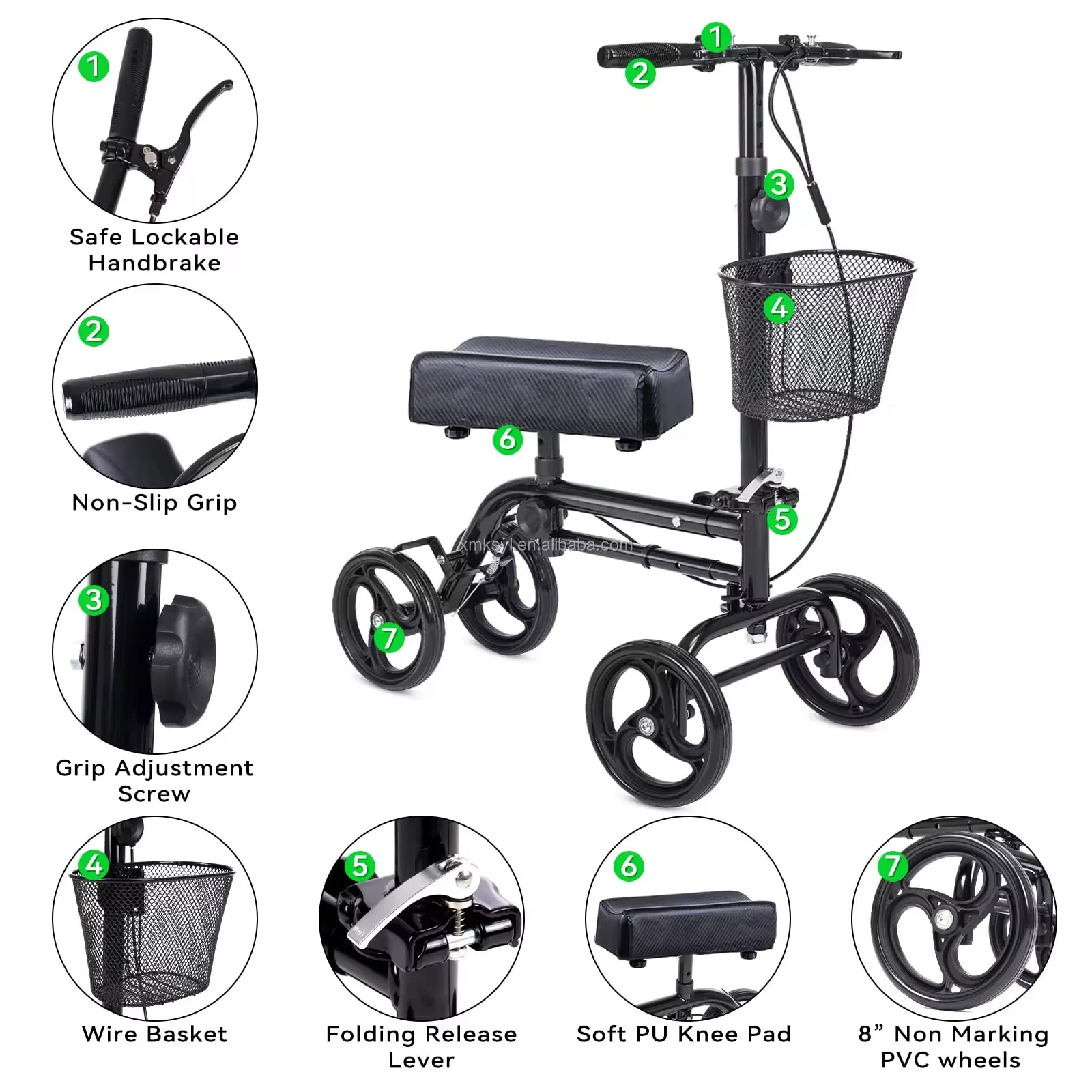 Knee car walker 4-Wheel Folding Knee Walker & Rollator with Flexible Wheels and Basket for Elderly & Disabled People details