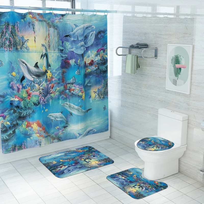 Amazon hot selling waterproof polyester fabric 4 piece bathroom rug mat and shower curtain sets