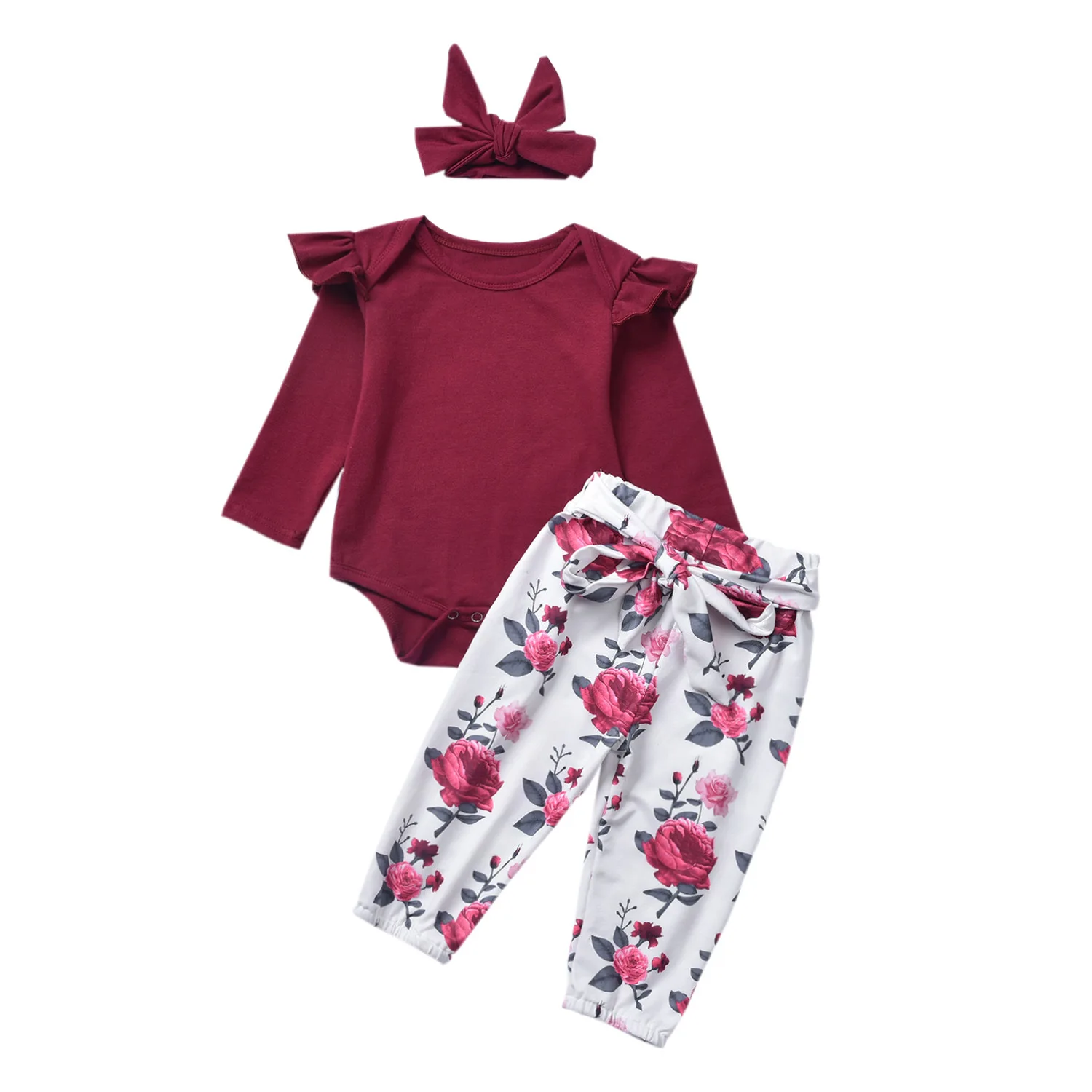 Cotton 3 Piece Red Baby Girls Clothing Set With Headband Long Sleeve ...